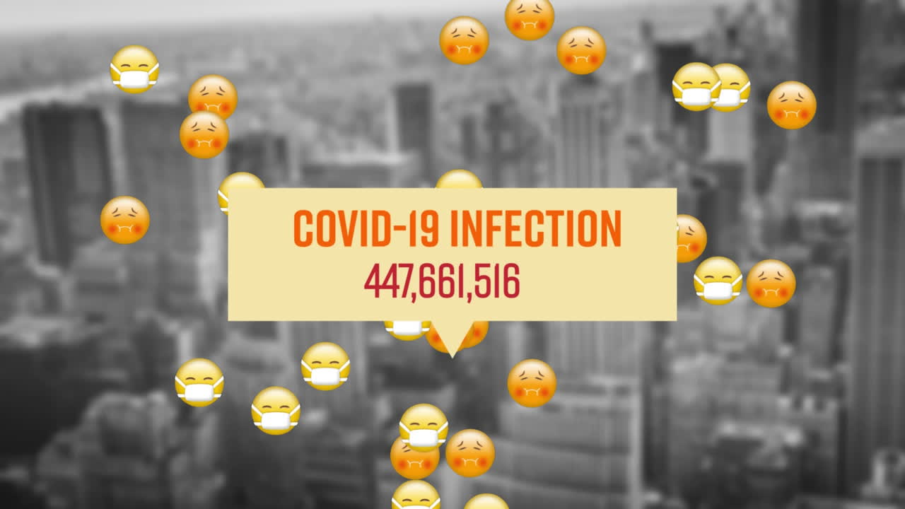 Animation of Covid-19 Infection and numbers increasing, emoji icons flying