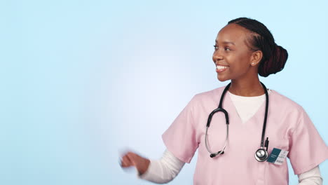 Happy-black-woman,-doctor-and-pointing