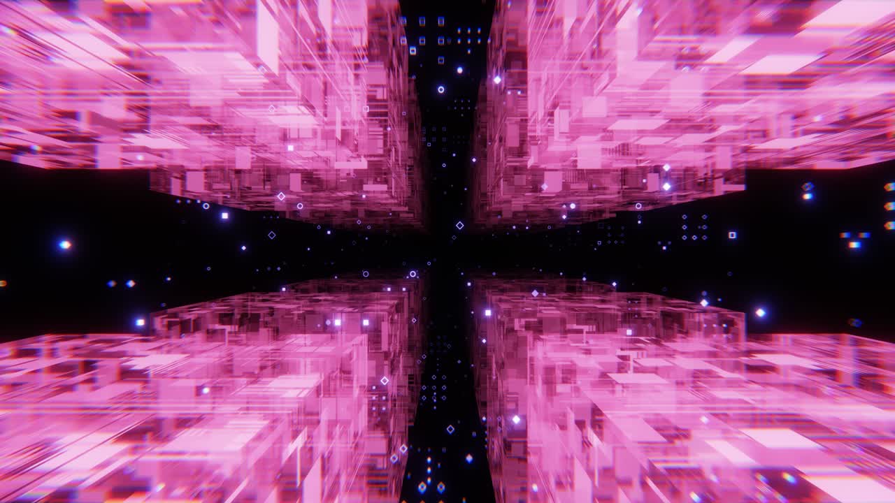 vuela a través del espacio de cubos abstractos de ciencia ficción con luces de neón azules y rosas. animación futurista en bucle.