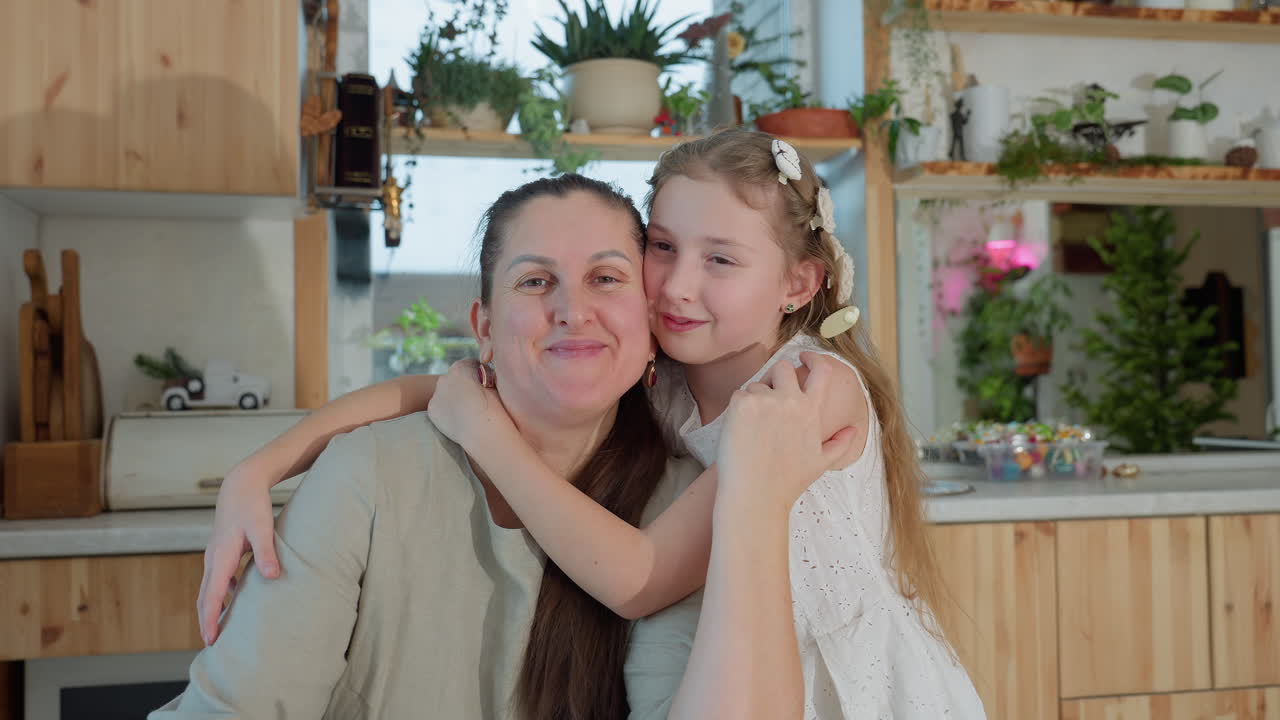 portrait view of young girl in white gown hugging her mom from the side, both smiling happily in casual wear, warm family moment, joyful and loving bond in cozy kitchen setting