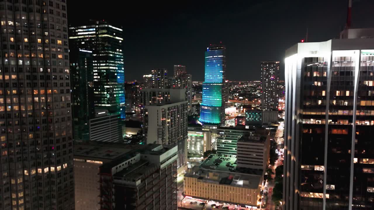 Drone shot of skyscrapers at night in Brickell, Miami