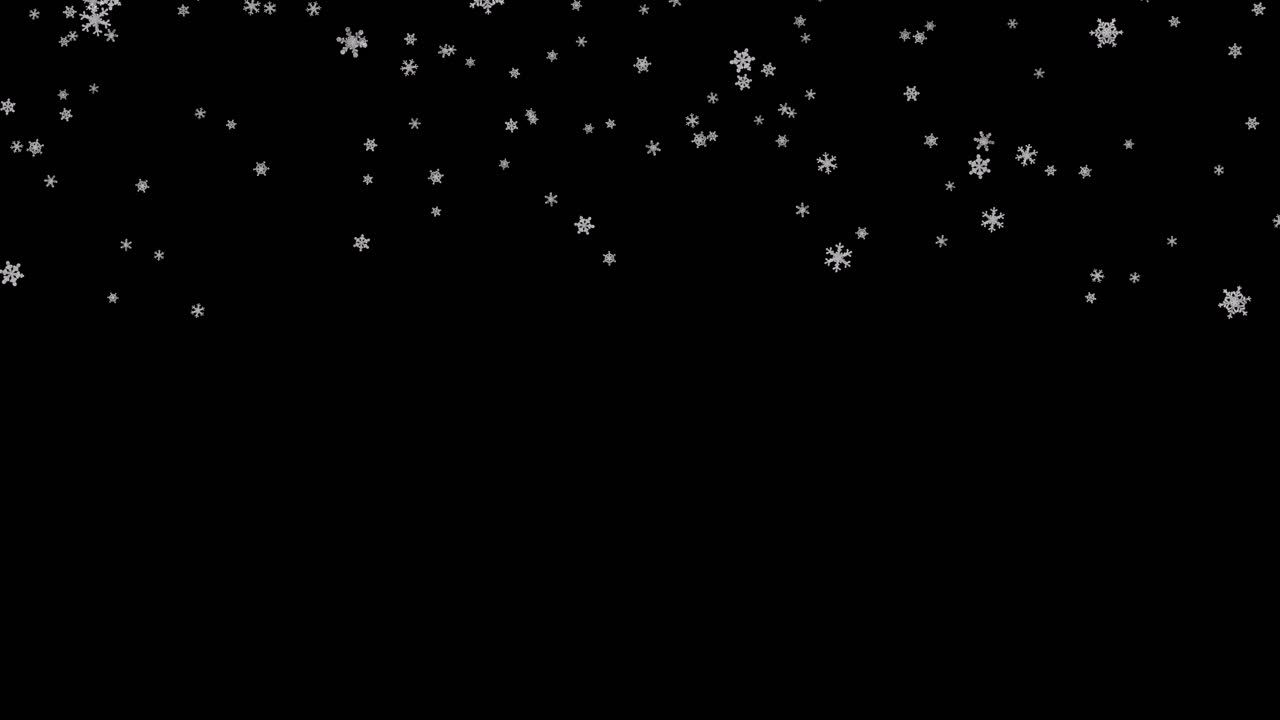 Snowflakes of various shapes falling on black background 3D animation