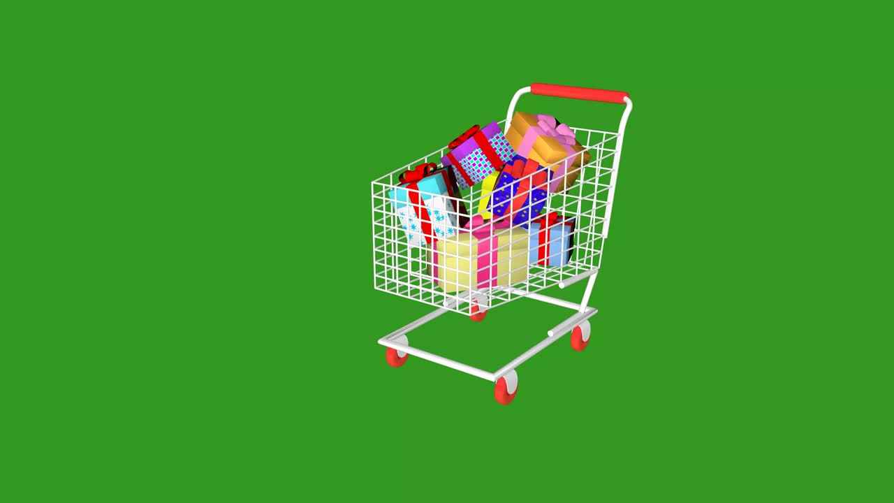 색 쇼핑 트롤리는 선물 상자들로 가득 차 있습니다.
