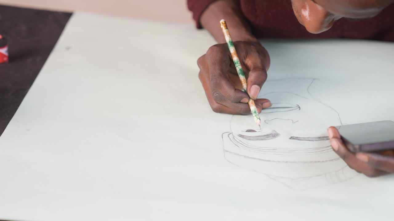 Close hands sketching portrait black paint on large white paper, pencil lines mapping face, steady hand adding detail with small brush, soft natural light, intimate studio mood, tactile paper texture