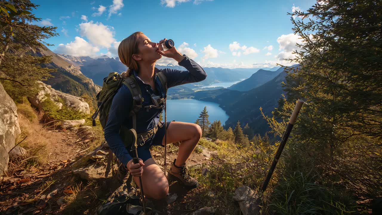 Pausing to hydrate, female kneeling hiker wearing boots sipping water on ledge with pack and pole