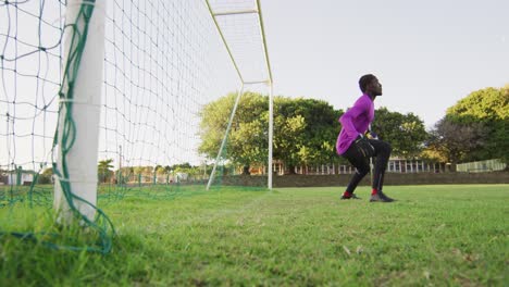 Video-Eines-Afroamerikanischen-Torwarts-Auf-Dem-Feld,-Der-Fußball-Spielt