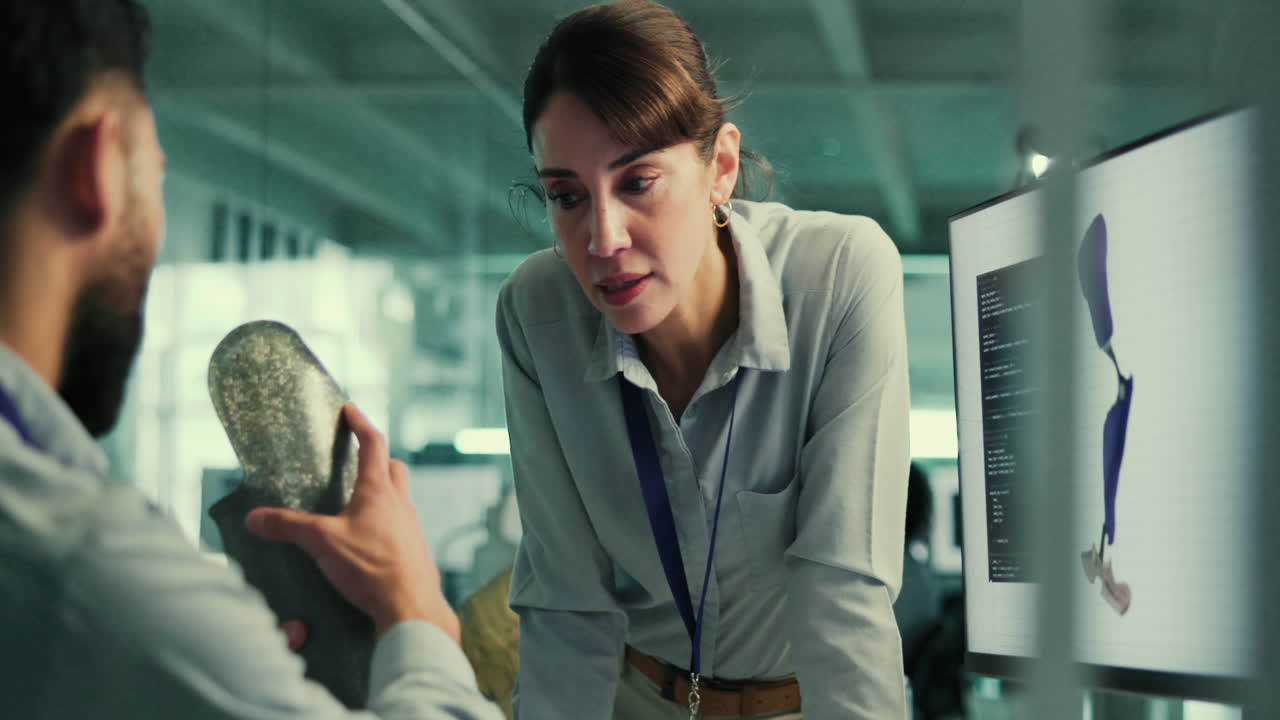 dos ingenieros discuten un modelo 3d en una pantalla de computadora