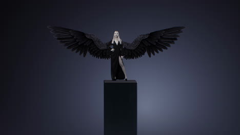 woman with black angel wings on a pedestal