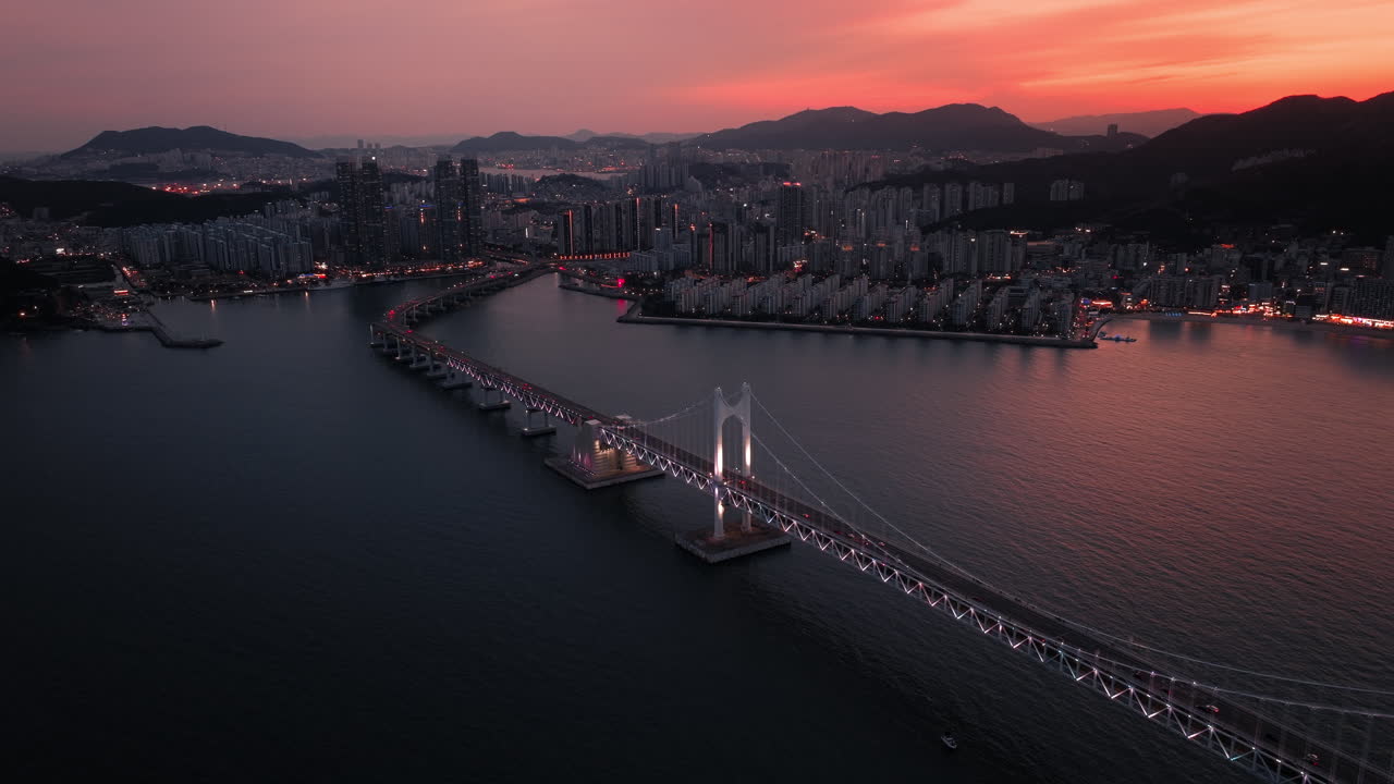 Aerial View of a Bridge at Sunset over a City