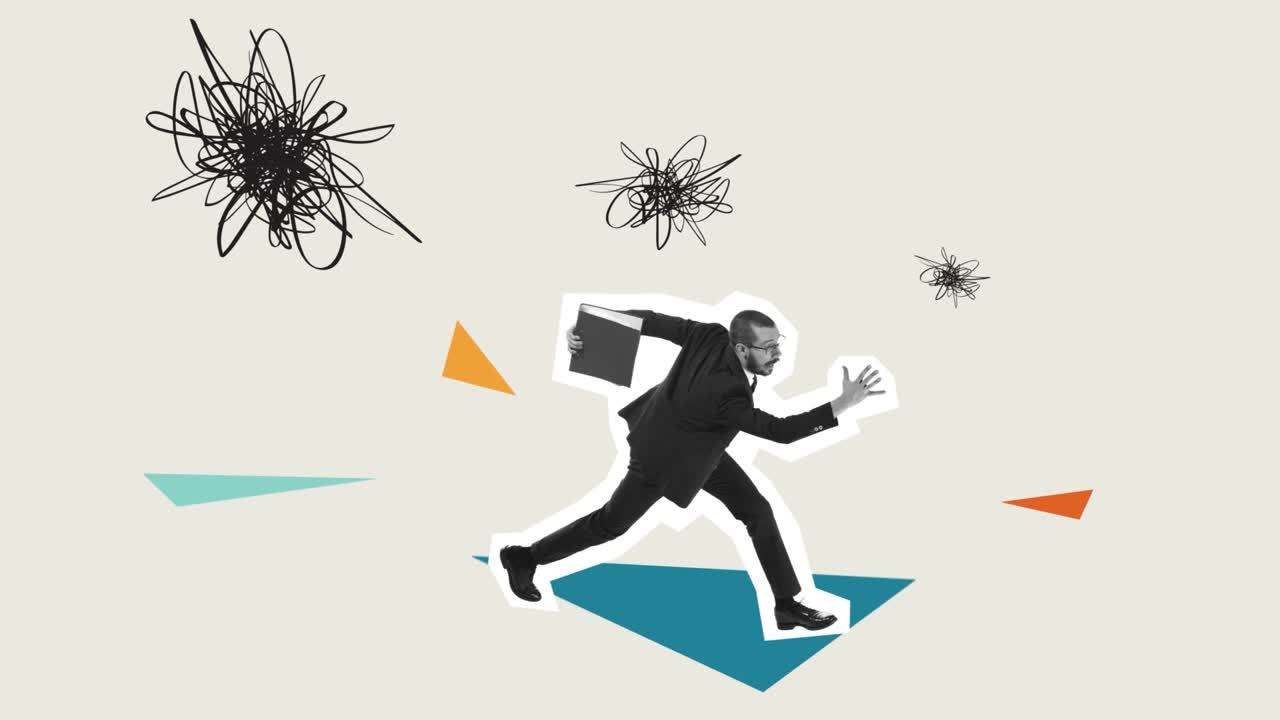 청년, 비즈니스 옷을 입은 직원이 추상적인 배경에 달리고 있습니다. 4k 스 모션 및 2d 애니메이션