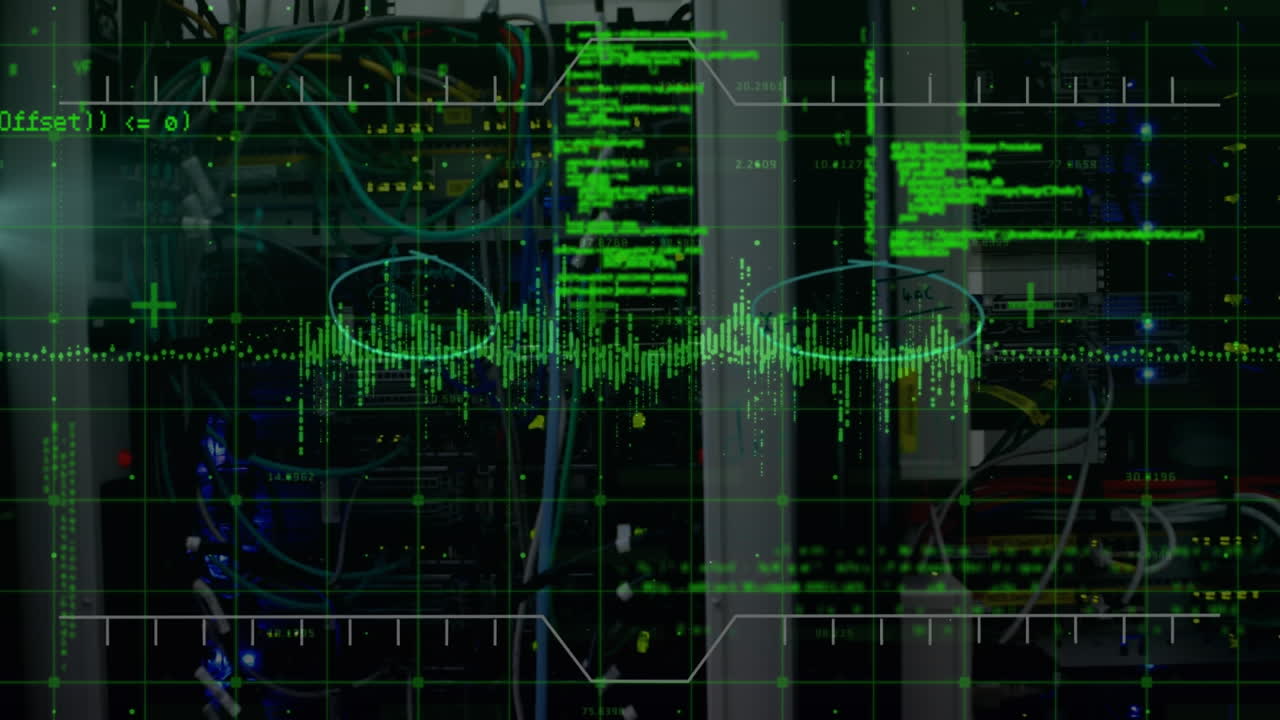 Animation of data processing and shapes over server room
