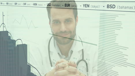 smiling doctor with animation of financial data and currency exchange rates