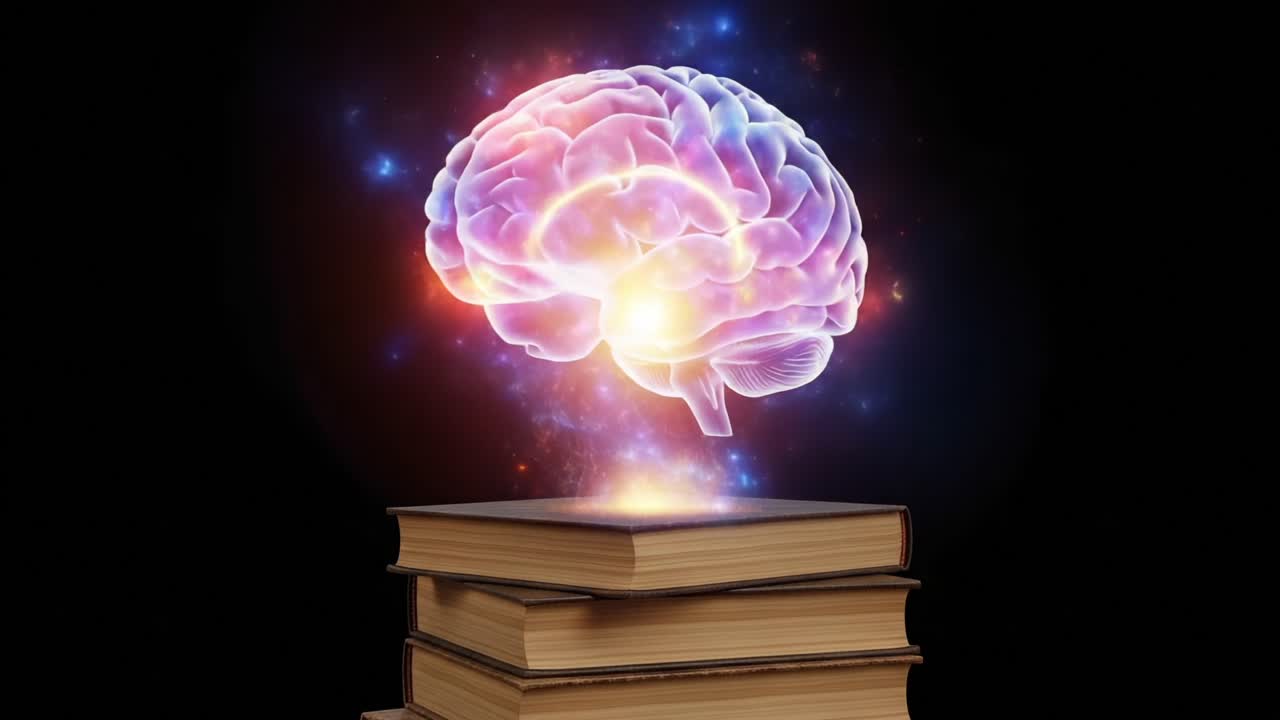 A Vibrant Representation of Knowledge and Imagination: Artistic Visualization of a Brain Emanating Light Above Stacked Books, Symbolizing Learning and Creativity