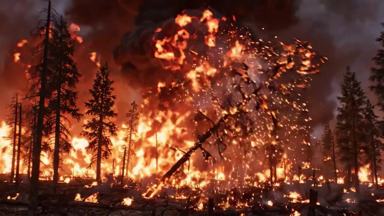 Un intenso incendio boschivo che erutta con fiamme ardenti e fumo denso, creando una scena caotica di distruzione tra gli alberi e il cielo notturno.