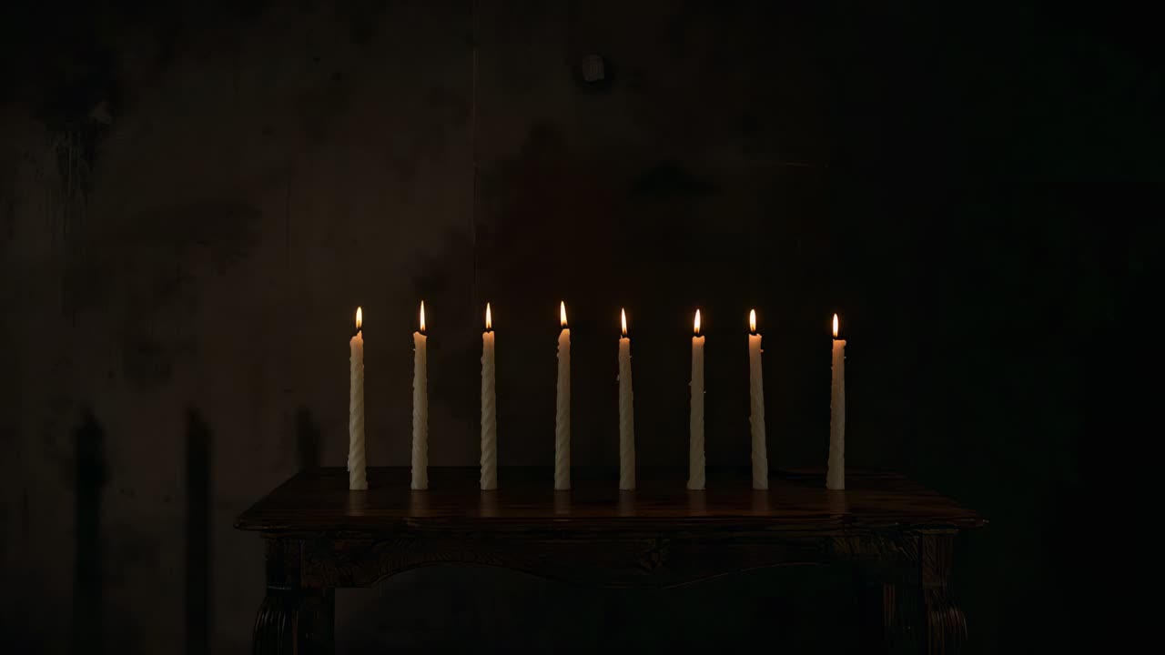 Candele affusolate che tremolano, con nove candele la cui altezza cambia su un tavolo di legno con supporti all'interno, a causa di una leggera brezza