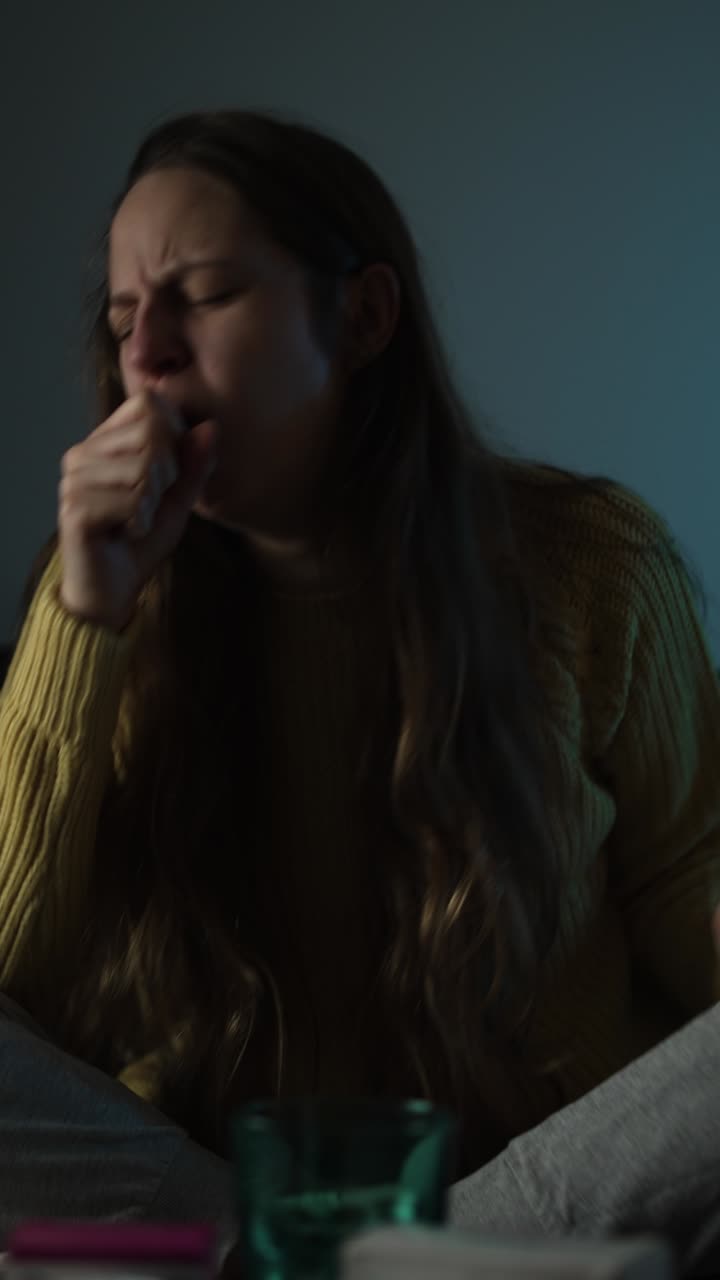 Una donna con l'influenza stagionale starnutisce, tossisce, si strofina il naso e si tiene la testa, mostrando disagio, circondata da medicine e fazzoletti a casa