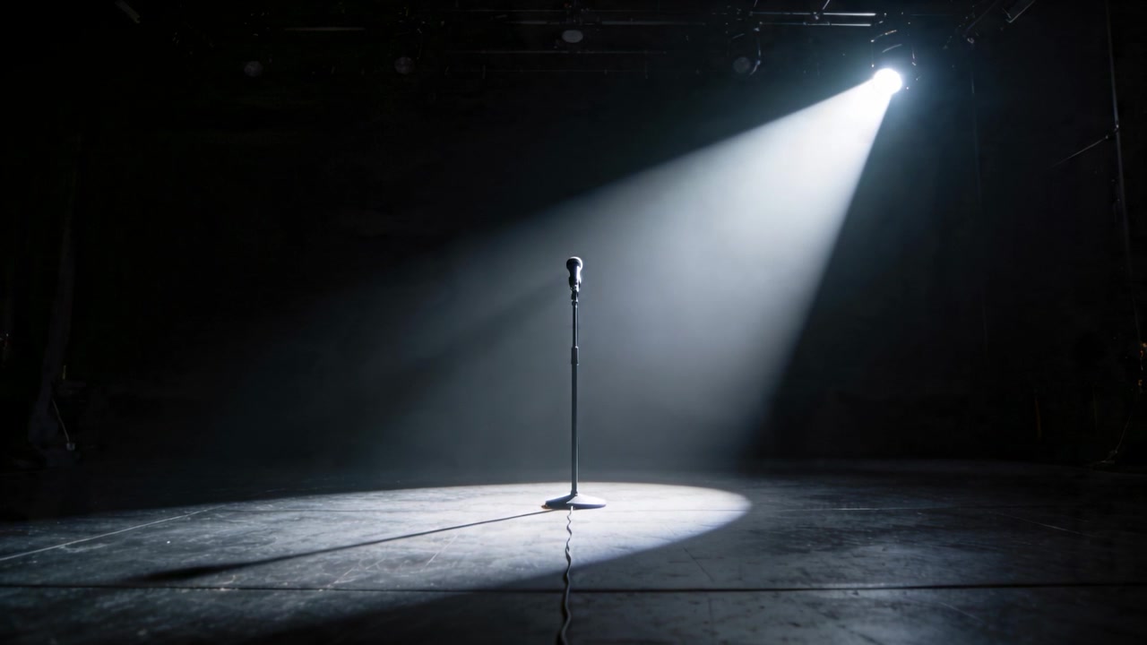 Faretto mobile che proietta un'ombra sottile sul palco, rivelando il cavo del microfono e creando tensione.