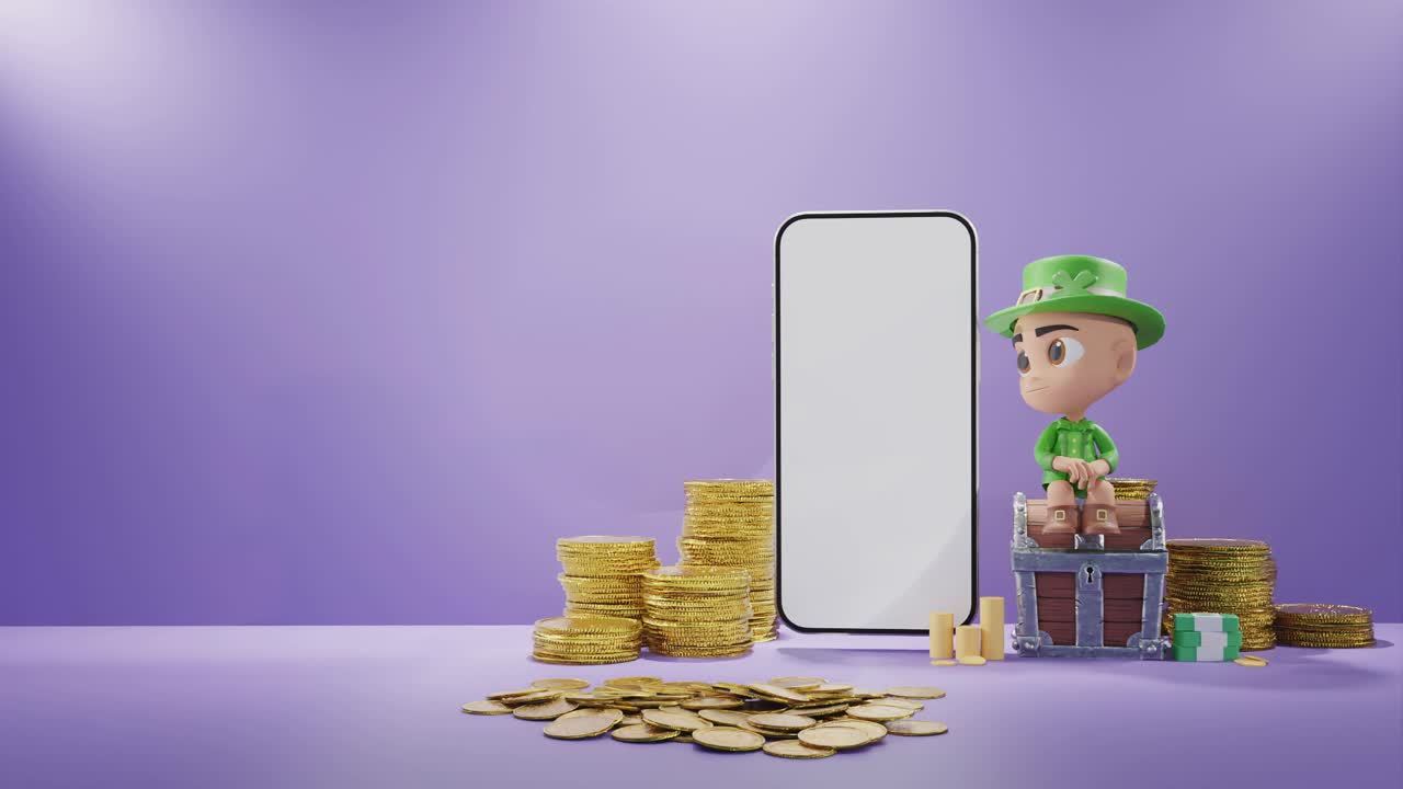 Fortuna Digital: Estatueta de Leprechaun com Moedas de Ouro e Smartphone em Fundo Roxo