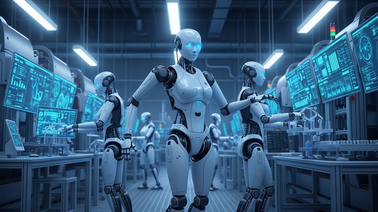 Advanced Robotics in a Futuristic Laboratory Setting: A Glimpse into the World of AI and Automation with Sophisticated Androids Conducting Complex Tasks