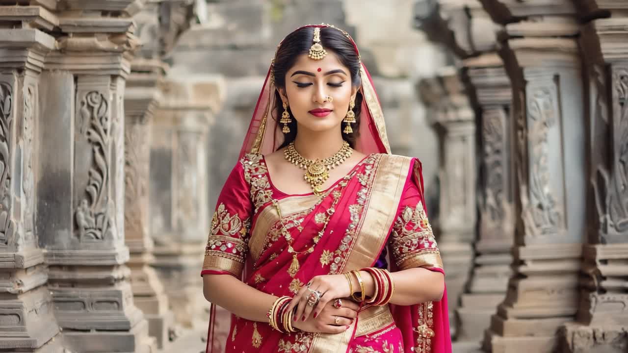 Portrait of a beautiful indian bride posing in a traditional red and gold sari and jewelry in a temple, showcasing rich cultural heritage and bridal elegance