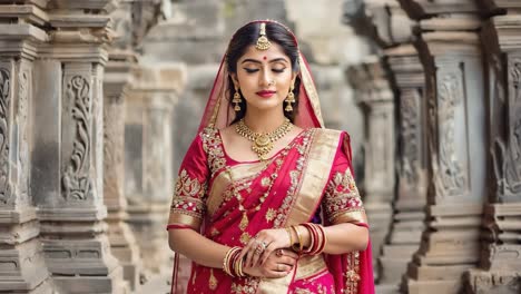 portrait of a beautiful indian bride posing in a traditional red and gold sari and jewelry in a temple, showcasing rich cultural heritage and bridal elegance