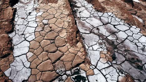 striking geometric patterns created in the muddy floor of a dried up body of water in vivid natural shades and colors