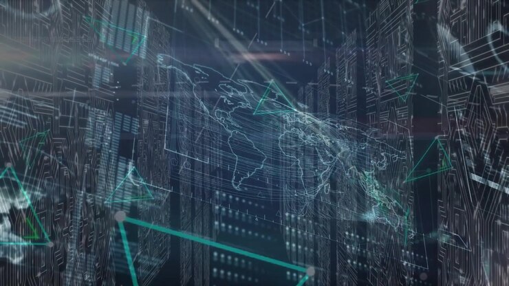 Animation of world map and data processing over server room