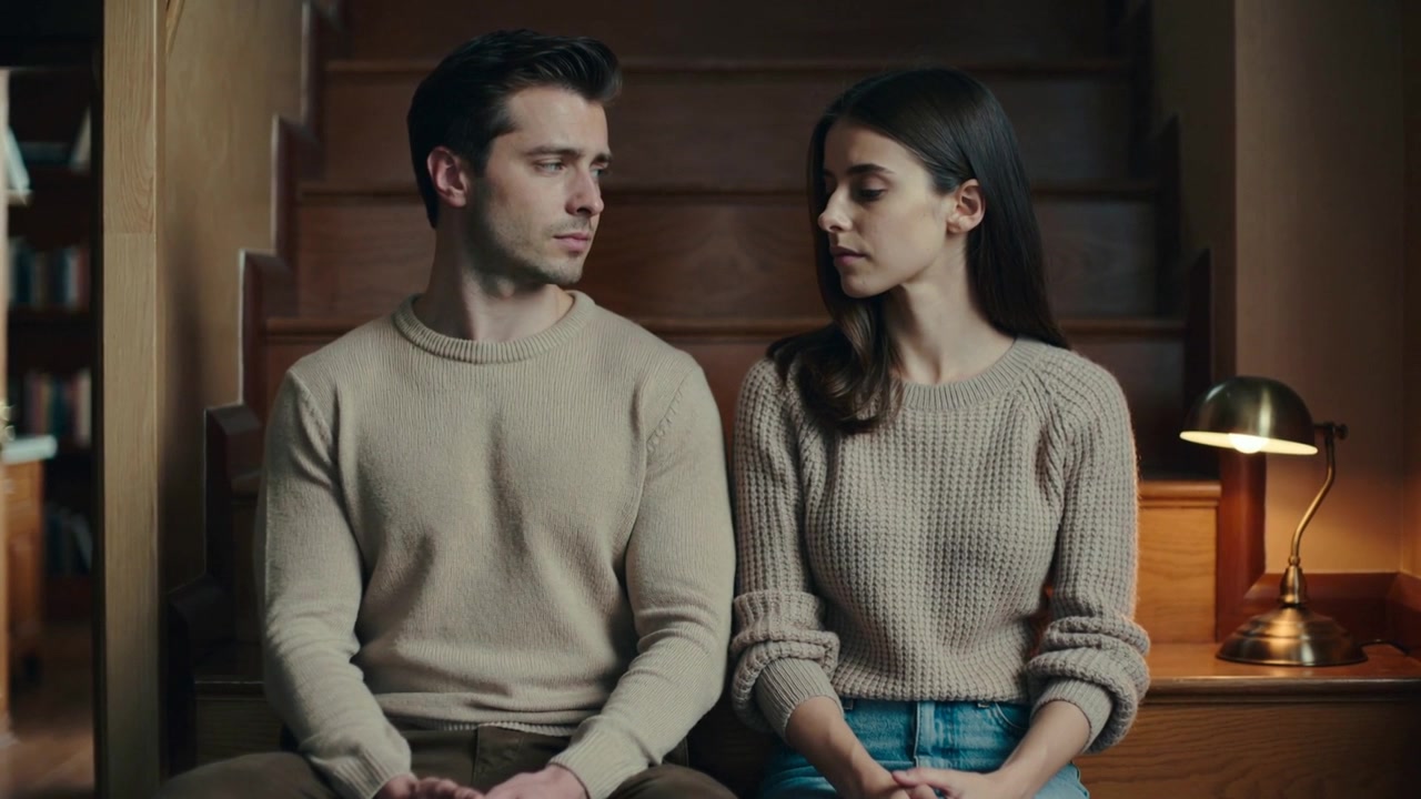 Turning man left glancing toward woman right on wooden stairs, brass lamp, knits, seeking comfort