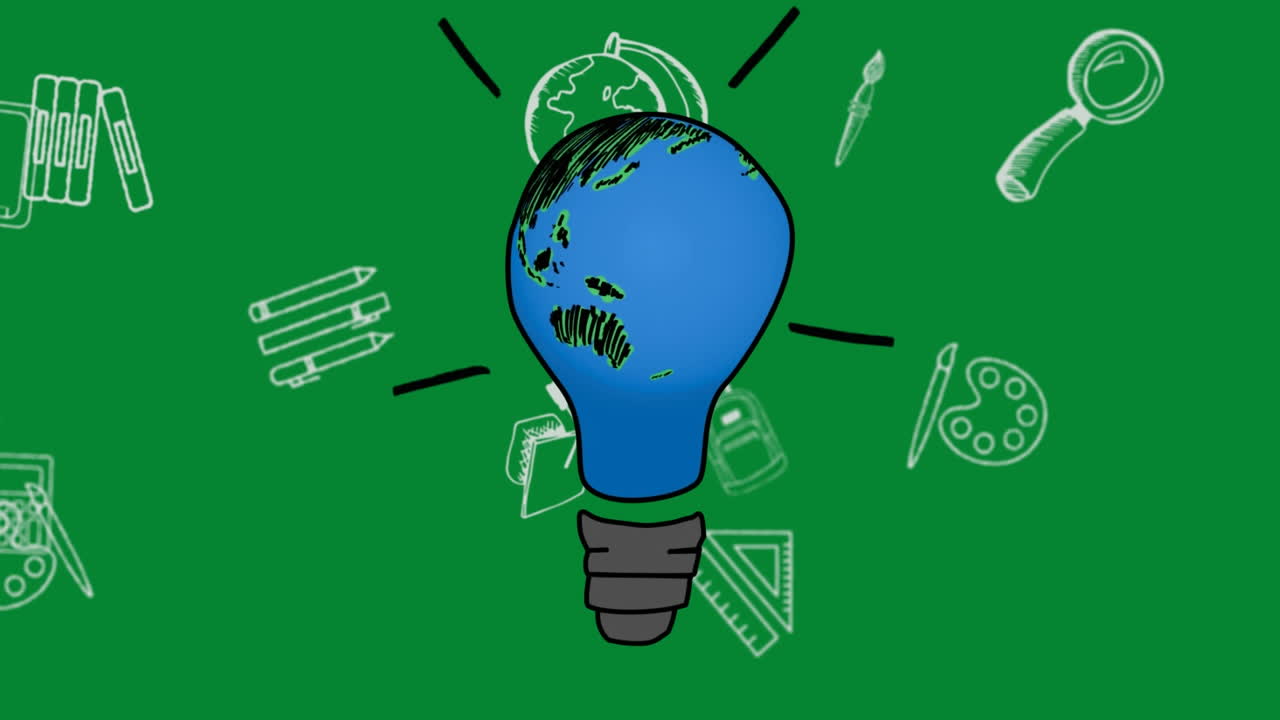Animation of lit light bulb with planet earth and school icons over green background
