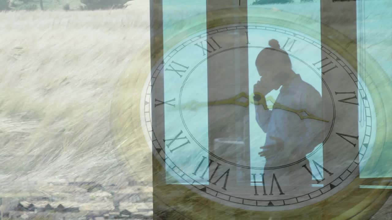 Baby boy at window over field watching transparent clock minute hand sweeping to IV health tracking