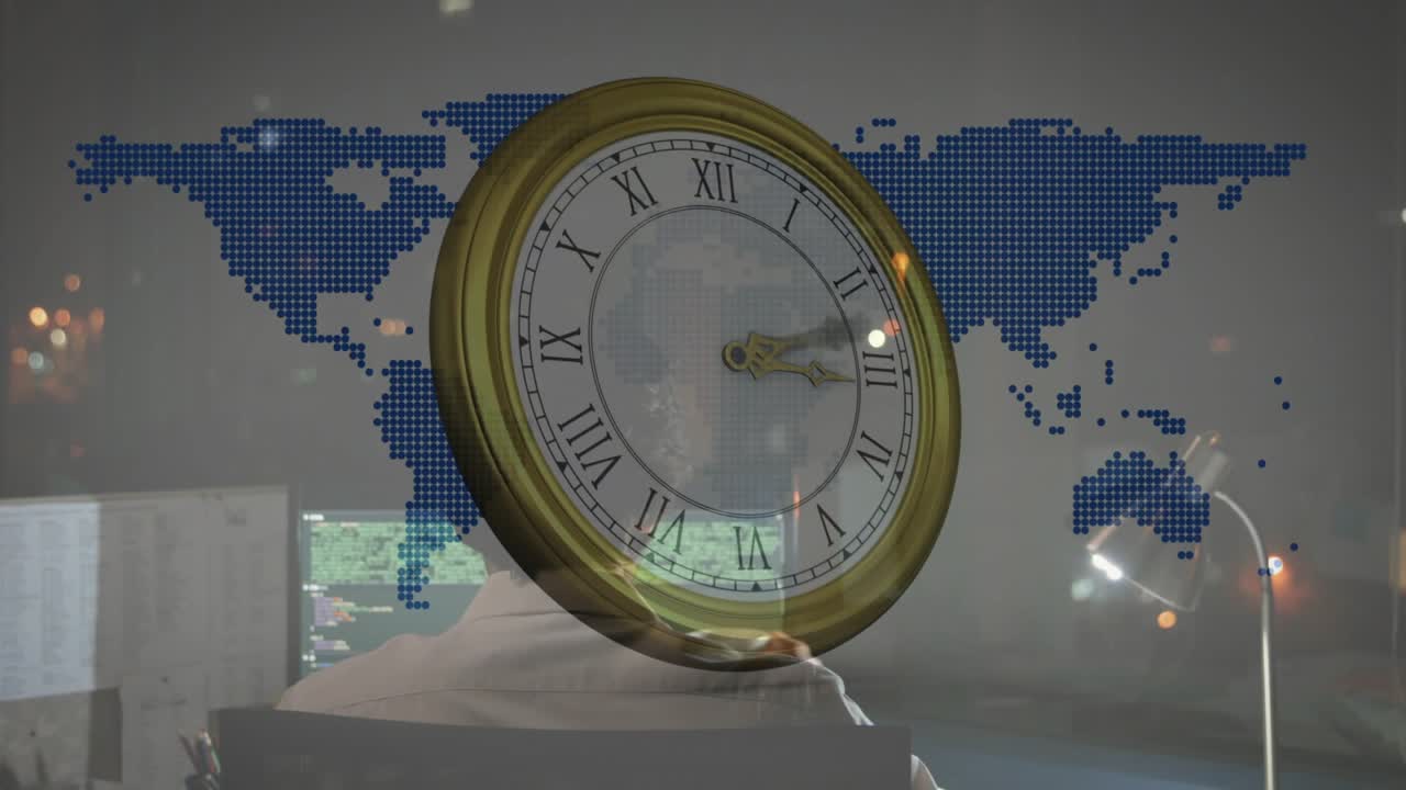 Antique clock materializing at desk, coder typing as rotating timepiece marking coding progress