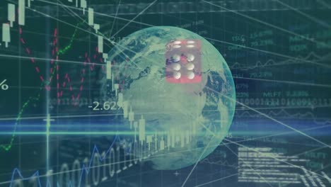 animación de codificación binaria, procesamiento de datos financieros sobre globo y dados.