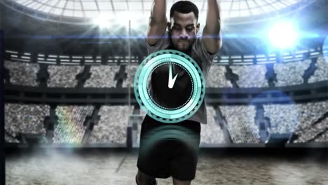 animation of digital interface with clock over rugby player