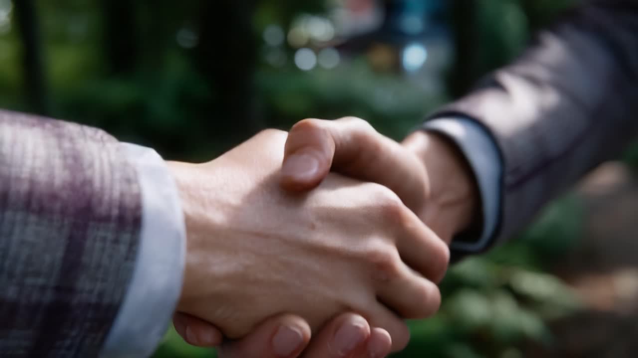A moment of connection captured in two frames depicting a handshake between individuals, symbolizing agreement, unity, and collaboration in a serene outdoor setting