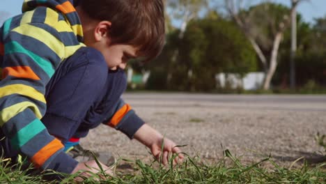 Ground-level,-closeup-of-caucasian-kid,-playing-with-soil-in-the-fields