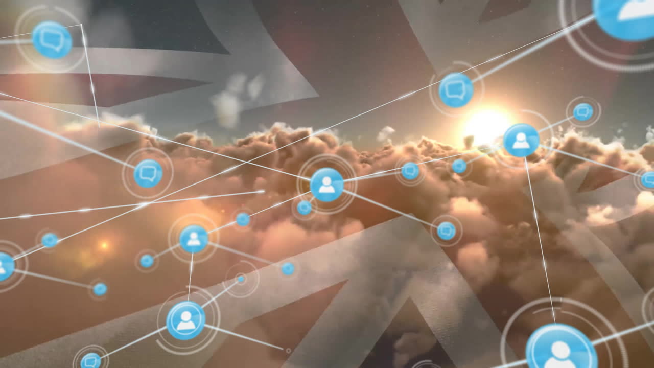 영국 발과 해가 지는 하늘 위의 사람들의 네트워크 아이콘의 애니메이션