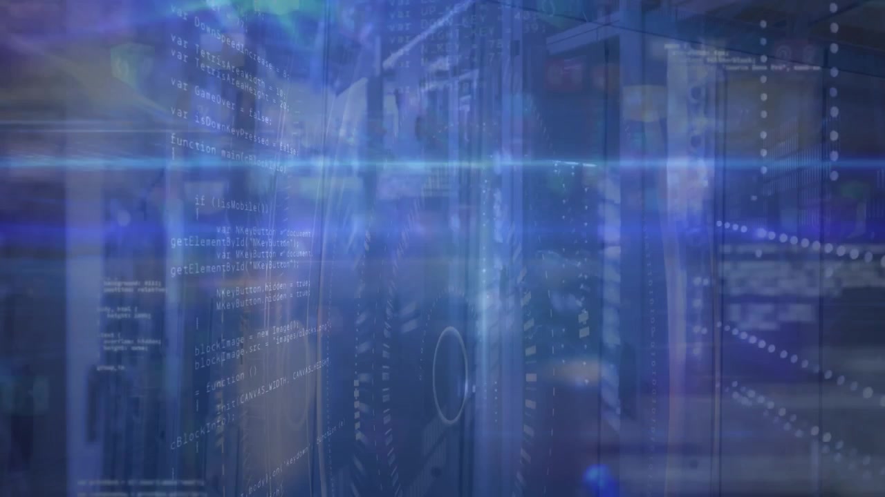 Animation von blauen Lichtspuren und Lichtpunkten über Datenverarbeitung vor einem Computer-Serverraum.
