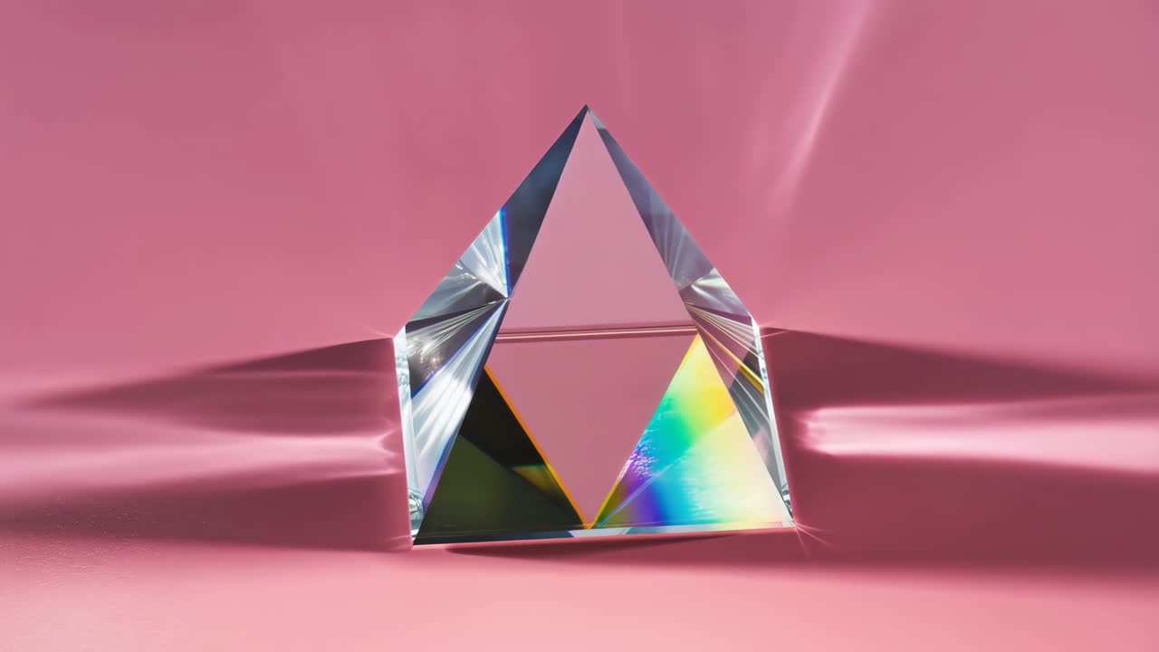Glass Prism with Rainbow Spectrum on Pink Background