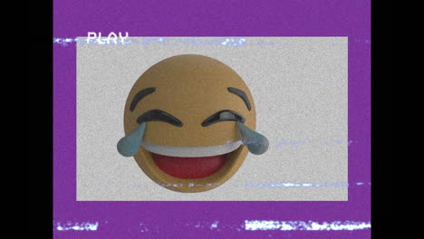animación digital de vhs efecto de fallo sobre el emoji de la cara riendo sobre un fondo púrpura