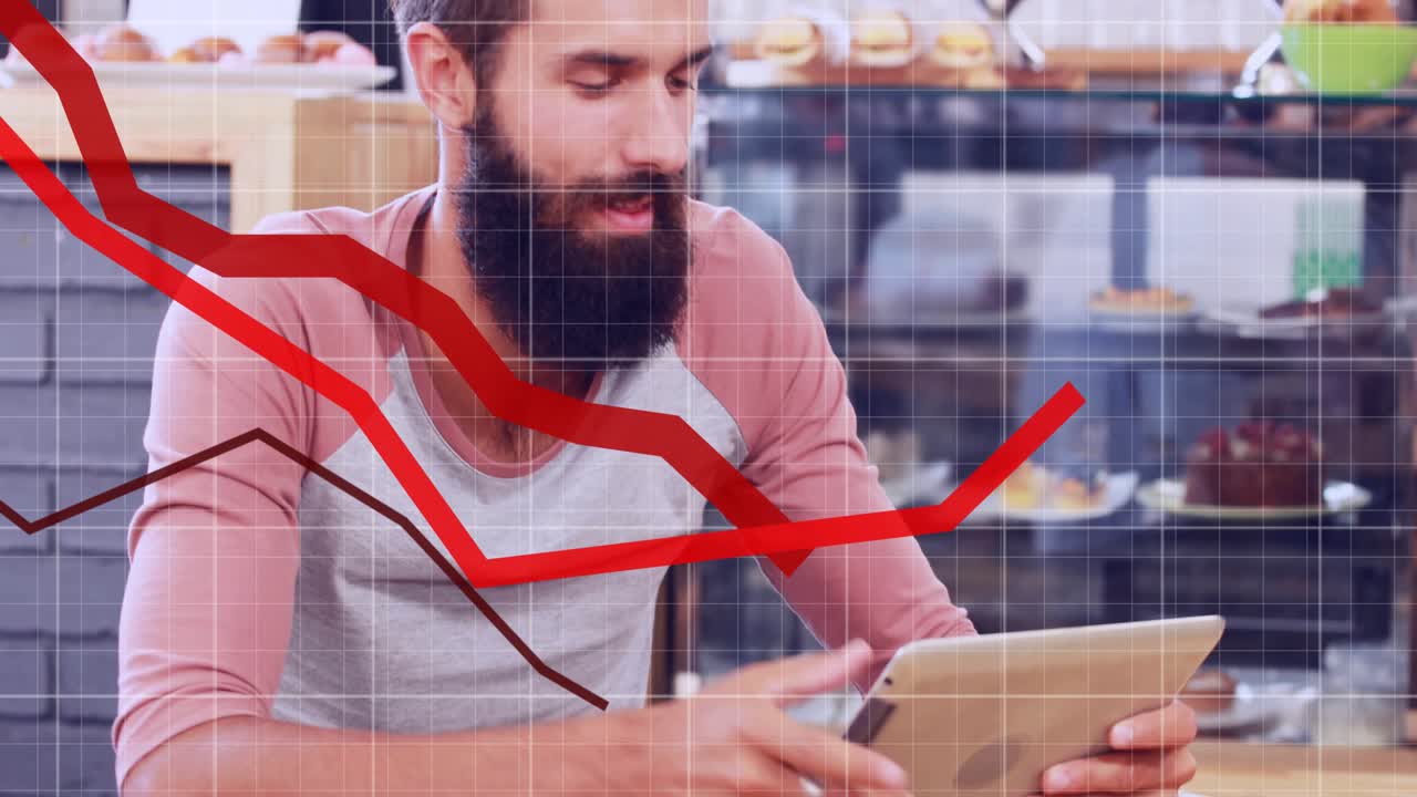 Cafe man tapping, swiping tablet, starting finance review, sipping cup, red brown graphs crossing