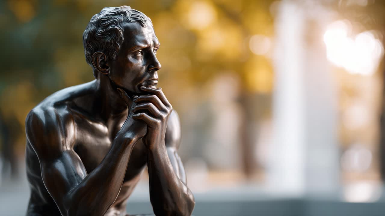 A Thoughtful Bronze Sculpture Captured in Two Stunning Frames, Showcasing Introspection and Artistic Expression Amidst a Beautiful Natural Background
