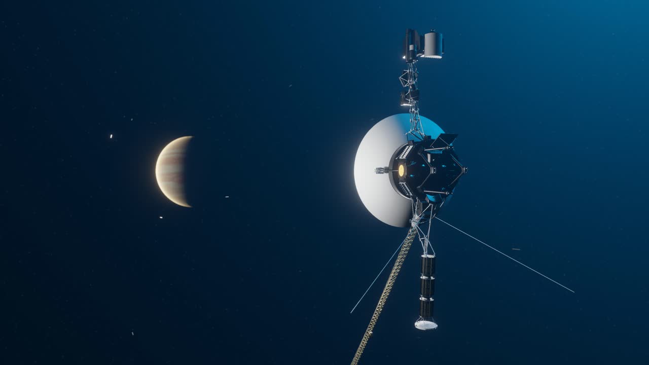 animación en 3d que muestra la sonda espacial voyager saliendo de júpiter