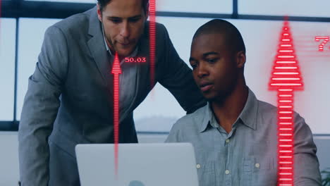 animation of financial data processing over diverse colleagues discussing work in office
