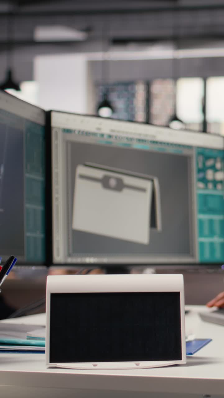 Close up of solar powered device in RD workplace designed by engineer