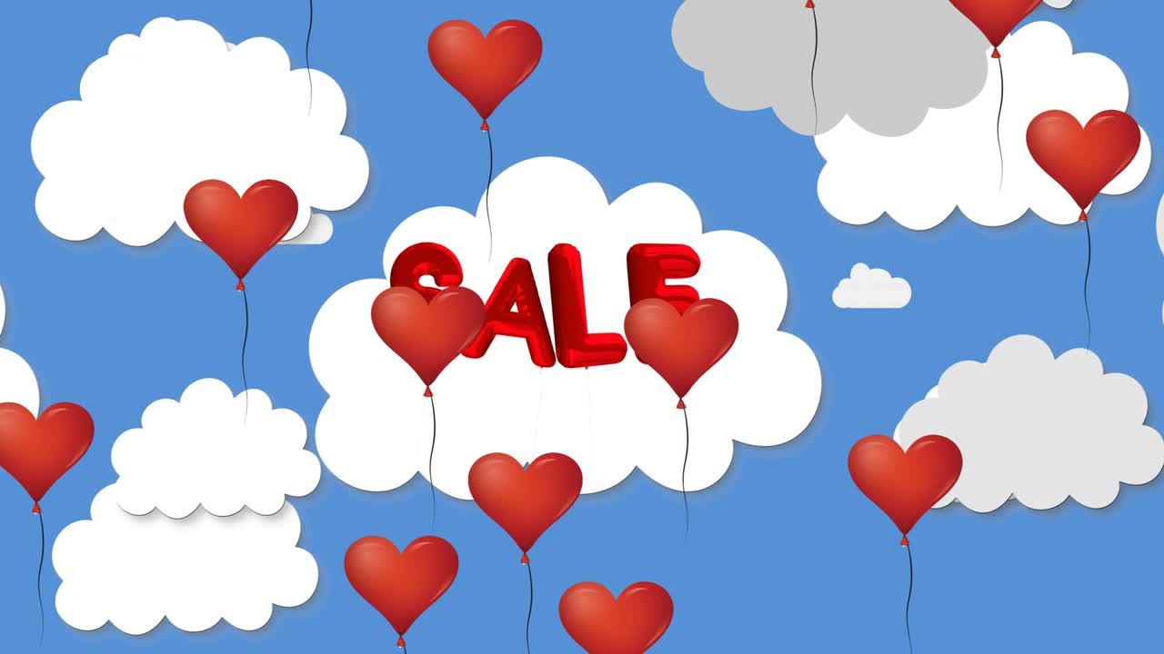 푸른 하늘에 판매 텍스트에 대해 떠있는 여러 개의 심장 모양의 풍선