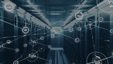 animation of icons connected with lines and binary codes over data server room