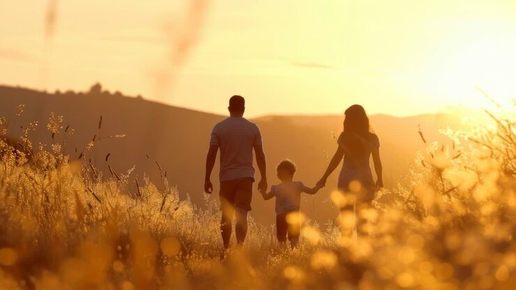 Silhouetted family walking through a sunlit field at sunset, captured from a low angle