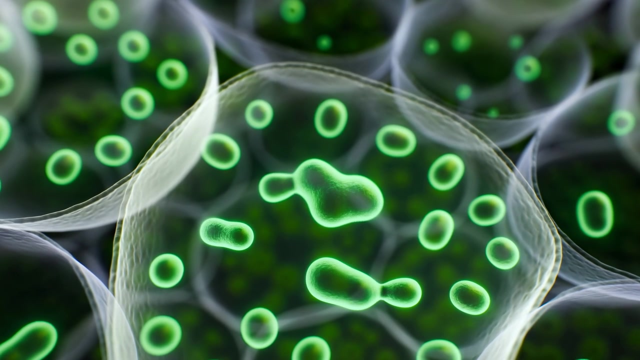 Scena microscopica dettagliata di membrane traslucide che racchiudono grappoli di organelli verdi luminosi, con contrasto soffuso, texture stratificata, forme circolari e dettagli scientifici astratti, in un contesto cellulare.