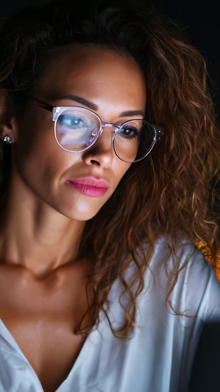 Uma jovem focada, com cabelos cacheados e óculos, concentrada intensamente em uma tela, iluminada por uma luz suave, mostrando sua expressão pensativa e envolvimento