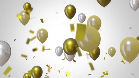 animación de globos de oro y plata con confeti sobre fondo blanco